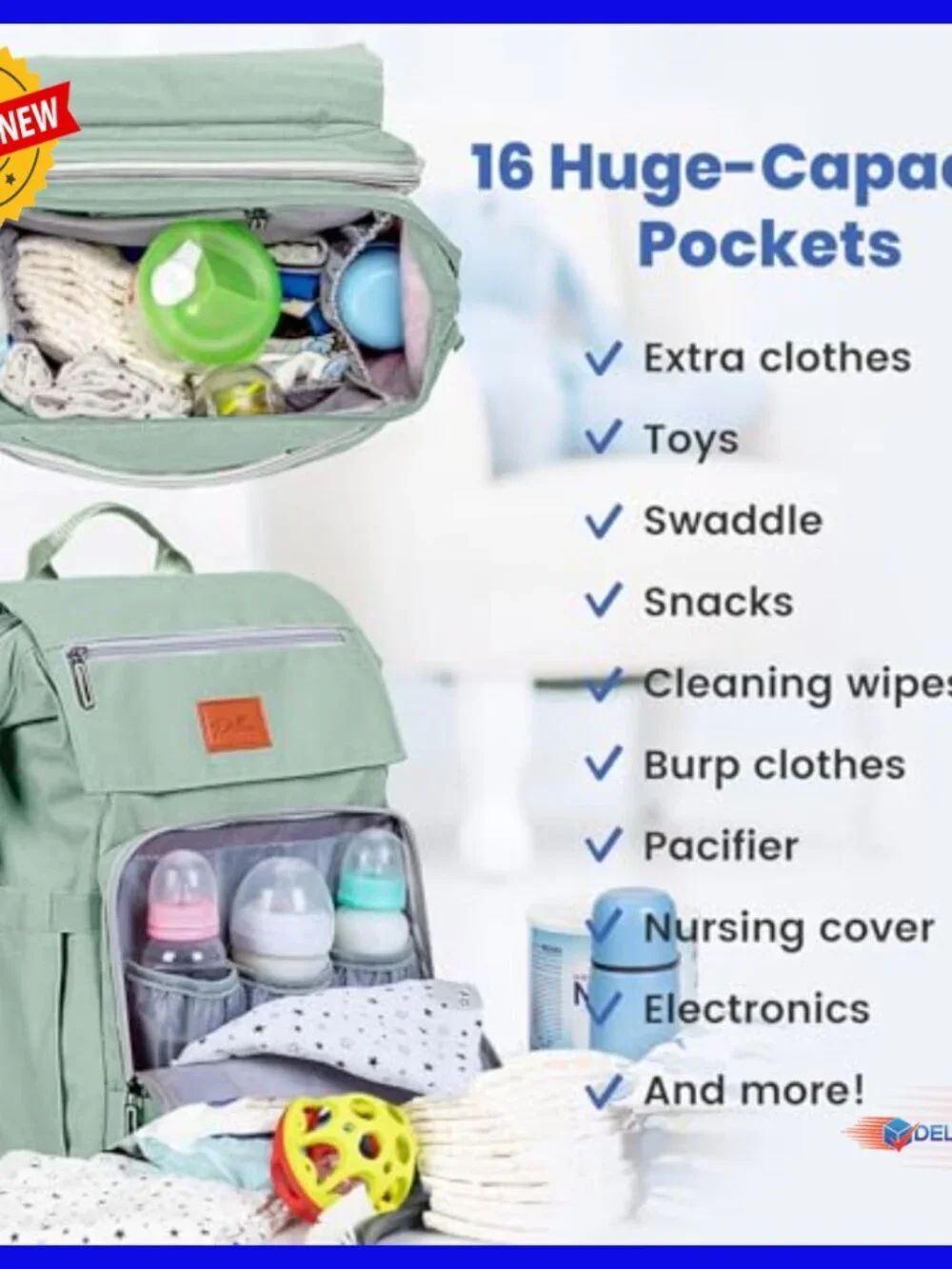 Large Waterproof Diaper Backpack with Changing Pad, 16 Pockets, Travel Bag